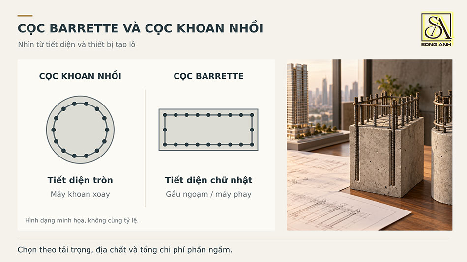 So sánh tiết diện chữ nhật của cọc barrette với tiết diện tròn của cọc khoan nhồi và thiết bị tạo lỗ tương ứng.
